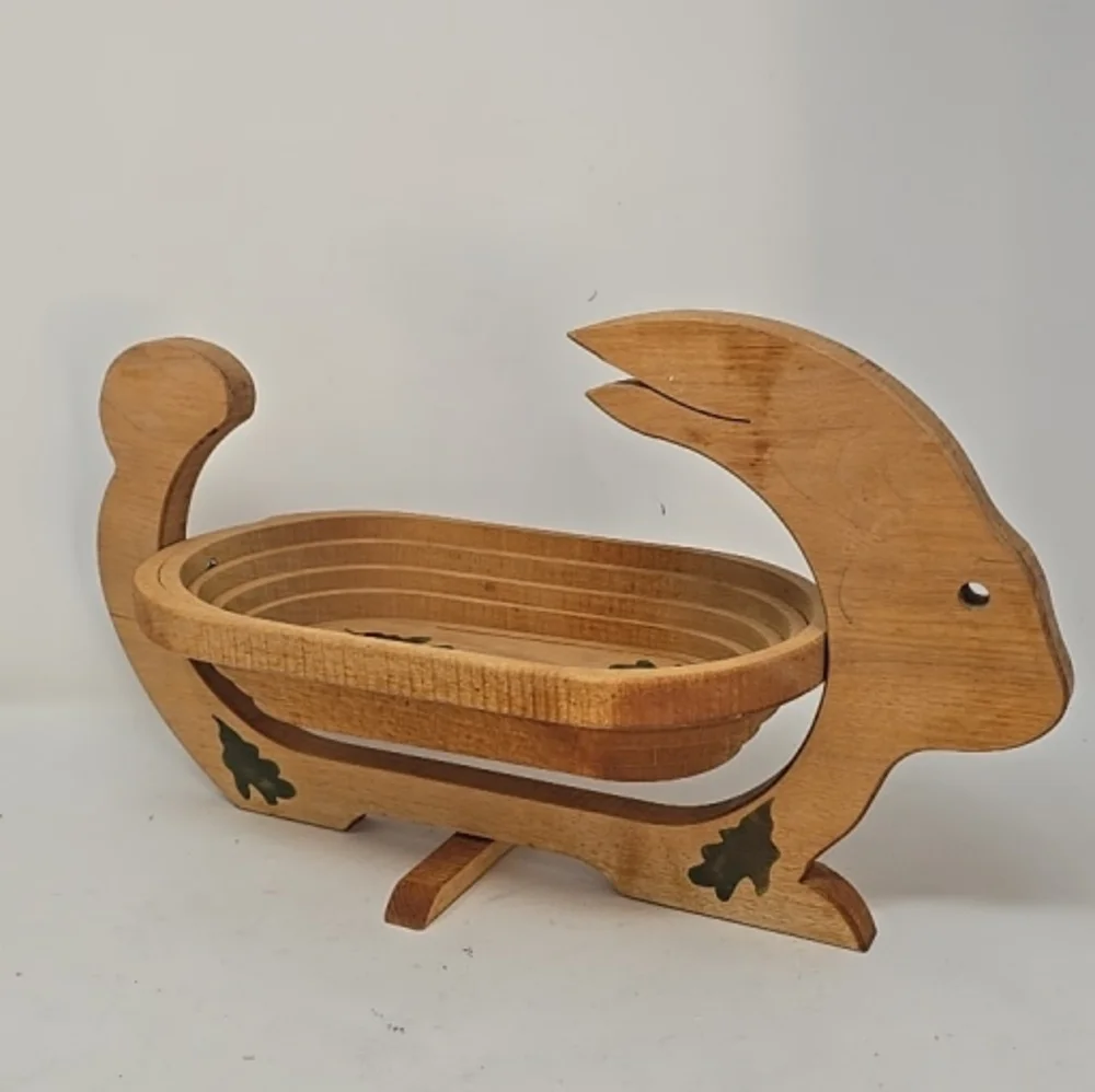 Vtg collapsible wooden rabbit, bunny, bowl basket fruit bowl‎ cottagecore Easter